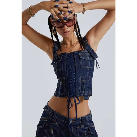 NWOT Jaded London Denim Corset Top Lace-Up Utility Pocket Y2K Jean Bustier US 6 - Picture 1 of 16